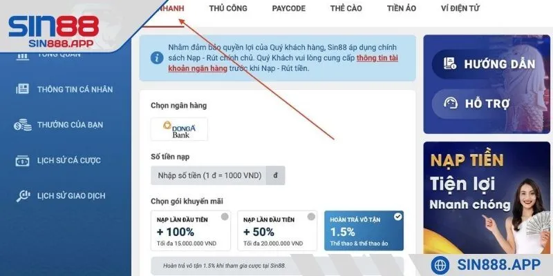 Nạp tiền để cùng tham gia tại SIN88 
